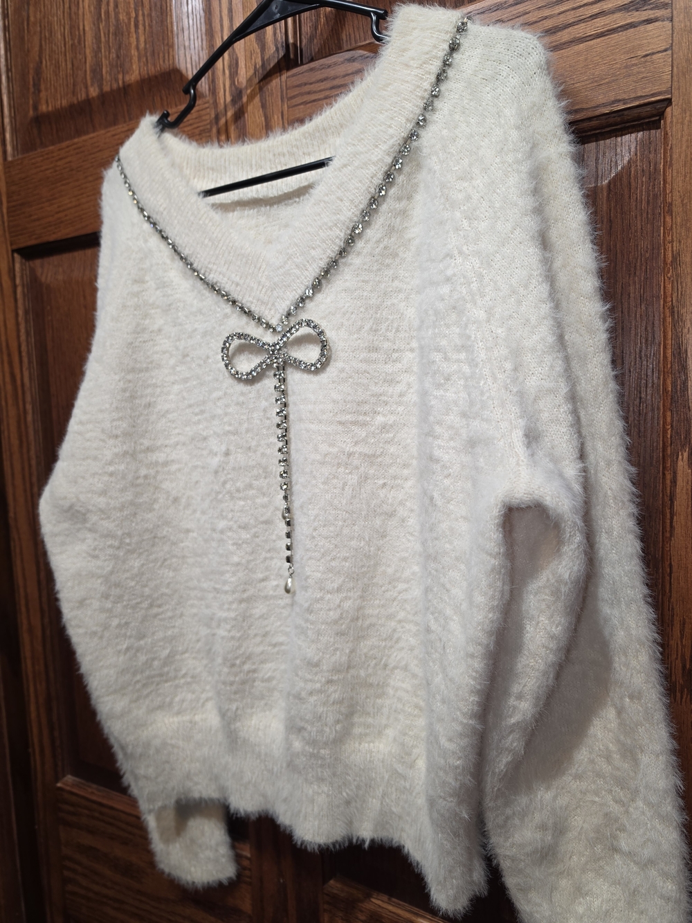 Maurices Rhinestone Bow Sweater Large Ivory Cream Fuzzy Deep V Back Holiday
